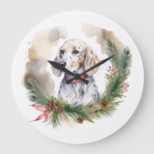 English Setter Christmas Wreath Festivals Große Wanduhr (Vorderseite)