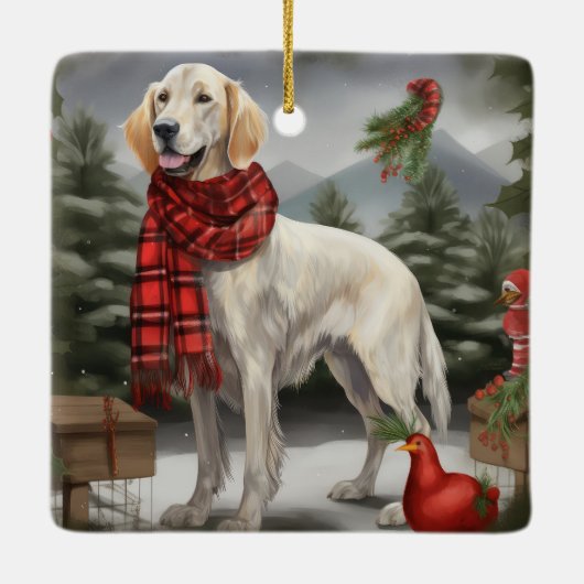 English Setter Dog in Schnee Weihnachten Keramikornament (Rückseite)