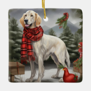 English Setter Dog in Schnee Weihnachten Keramikornament