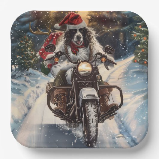 English Setter Dog Riding Motorrad Weihnachten Pappteller (Vorderseite)