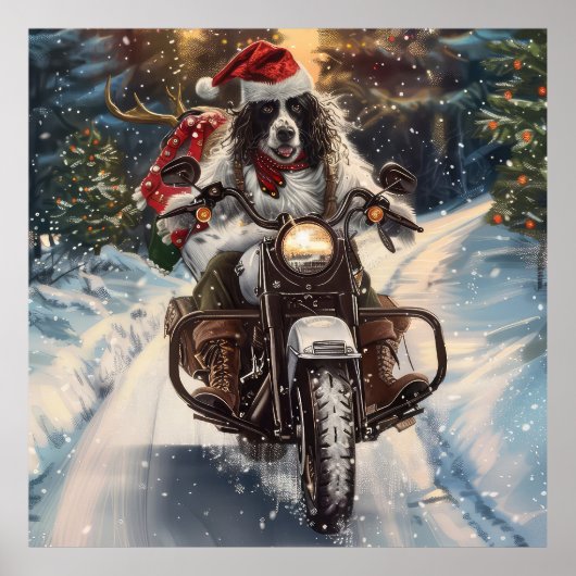 English Setter Dog Riding Motorrad Weihnachten Poster (Vorne)