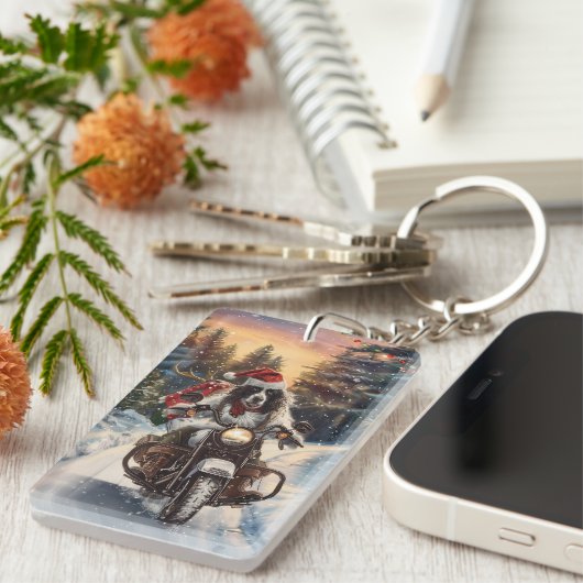 English Setter Dog Riding Motorrad Weihnachten Schlüsselanhänger (Vorderseite rechts)