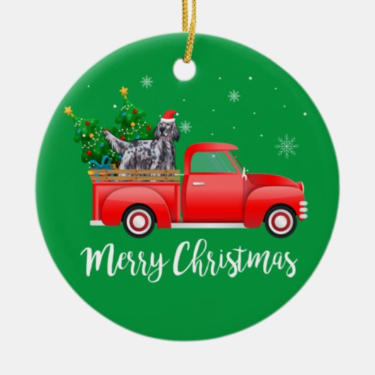 English Setter Dog Riding Red Truck Weihnachten Keramik Ornament (Vorne)