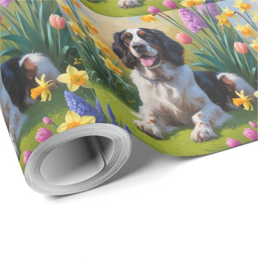 English Setter Dog Spring Blumen Malerei Geschenkpapier (Rolleneckpunkt)