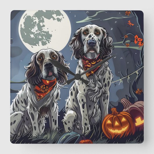 English Setter Halloween Spooky Quadratische Wanduhr (Vorderseite)