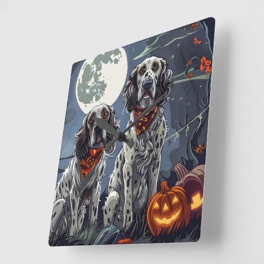 English Setter Halloween Spooky Quadratische Wanduhr (Winkel)