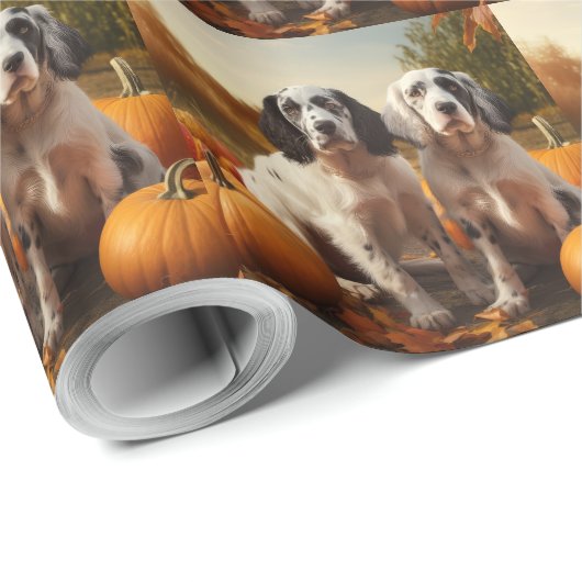 English Setter Puppy Autumn Delight Pumpkin Geschenkpapier (Rolleneckpunkt)
