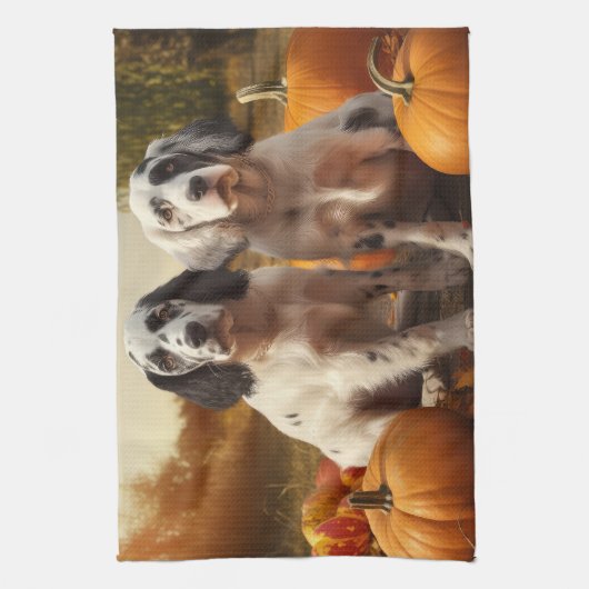 English Setter Puppy Autumn Delight Pumpkin Geschirrtuch (Vertikal)