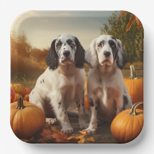 English Setter Puppy Autumn Delight Pumpkin Pappteller (Vorderseite)