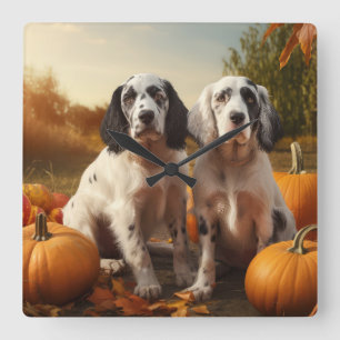 English Setter Puppy Autumn Delight Pumpkin Quadratische Wanduhr