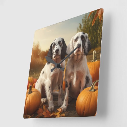 English Setter Puppy Autumn Delight Pumpkin Quadratische Wanduhr (Winkel)