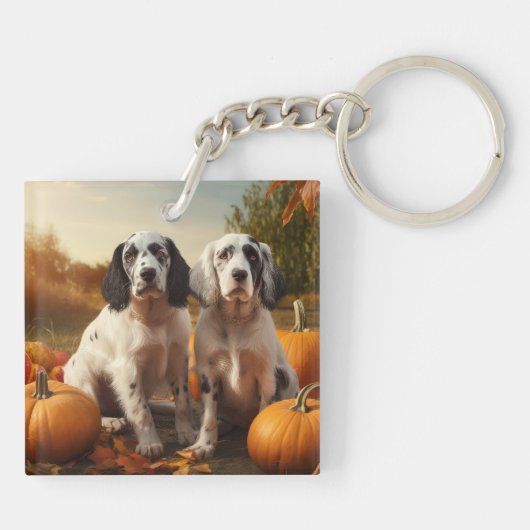 English Setter Puppy Autumn Delight Pumpkin Schlüsselanhänger (Rückseite)