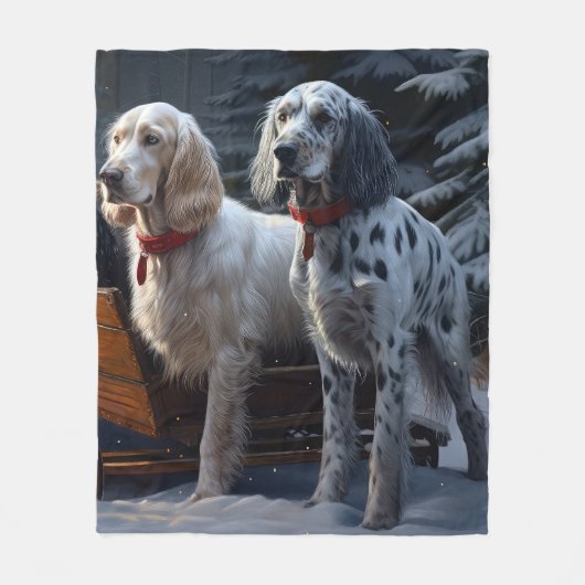 English Setter Snowy Sleigh Weihnachtsdekor Fleecedecke (Vorderseite)
