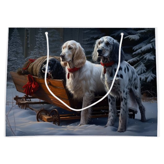 English Setter Snowy Sleigh Weihnachtsdekor Große Geschenktüte (Vorderseite)