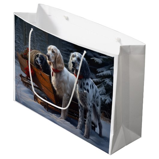 English Setter Snowy Sleigh Weihnachtsdekor Große Geschenktüte (Vorderseite Schrägansicht)