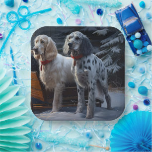 English Setter Snowy Sleigh Weihnachtsdekor Pappteller