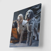 English Setter Snowy Sleigh Weihnachtsdekor Quadratische Wanduhr (Winkel)