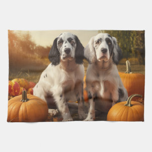 English Setter Welpe Herbstvergnügen Kürbis Geschirrtuch