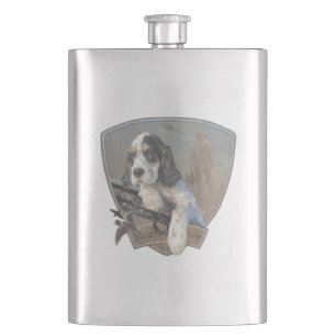 English Setter Welpe mit klassischem Showgun Flachmann
