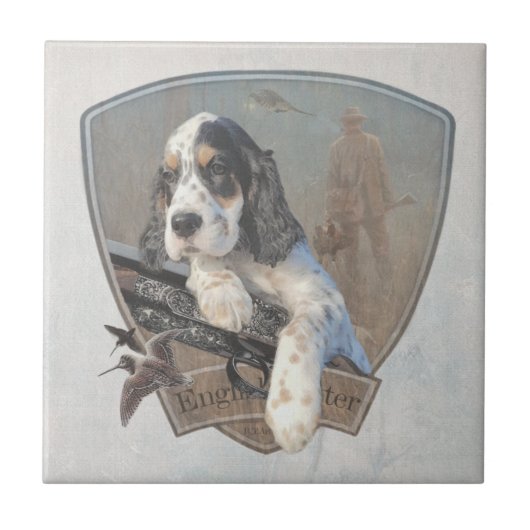 English Setter Welpe mit klassischem Showgun Fliese (Vorderseite)