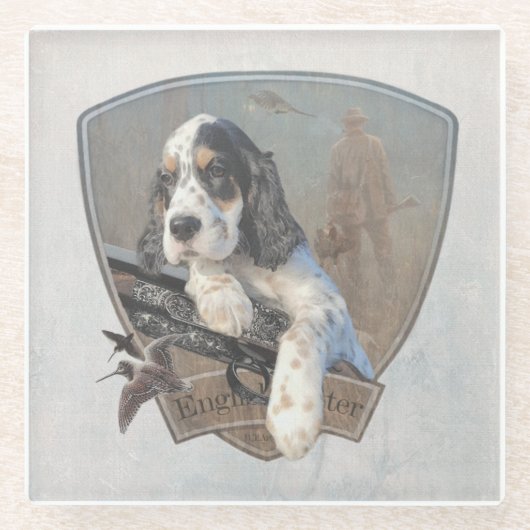 English Setter Welpe mit klassischem Showgun Glasuntersetzer (Vorderseite)