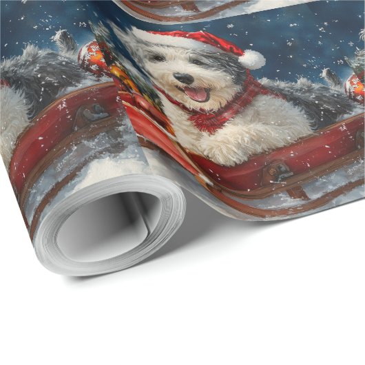 English Sheepdog in Sledge Let it Snow Christmas Geschenkpapier (Rolleneckpunkt)