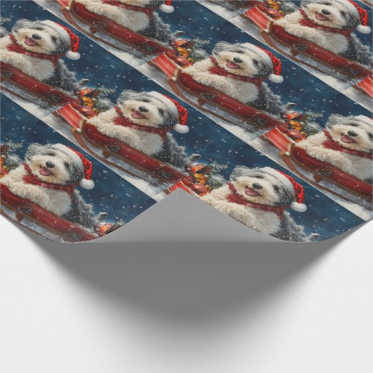 English Sheepdog in Sledge Let it Snow Christmas Geschenkpapier (Ecke)