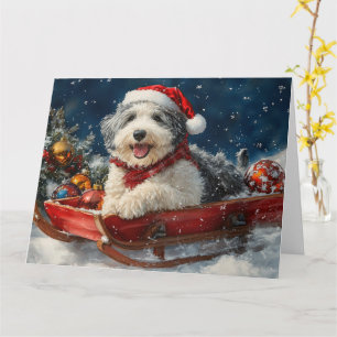 English Sheepdog in Sledge Let it Snow Christmas Karte