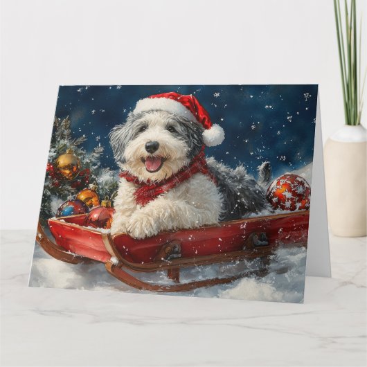 English Sheepdog in Sledge Let it Snow Christmas Karte (Vorderseite)