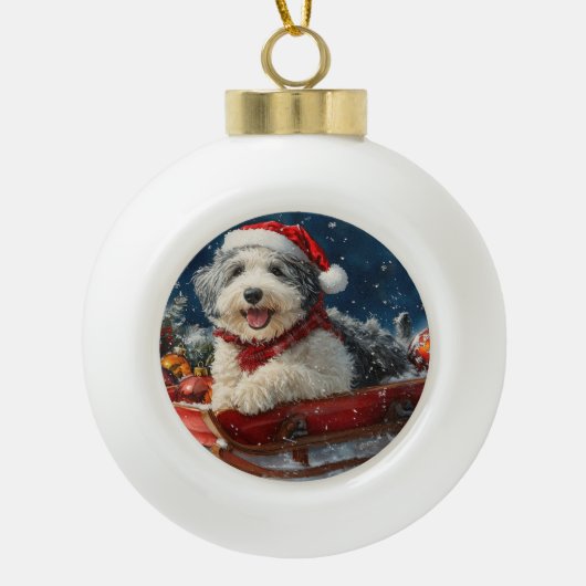 English Sheepdog in Sledge Let it Snow Christmas Keramik Kugel-Ornament (Vorderseite)