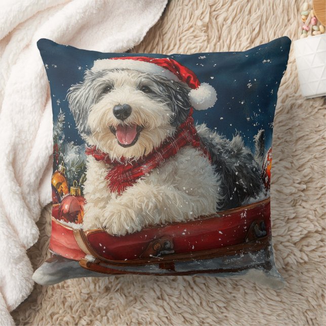 English Sheepdog in Sledge Let it Snow Christmas Kissen (Decke)
