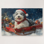 English Sheepdog in Sledge Let it Snow Christmas Puzzle (Horizontal)