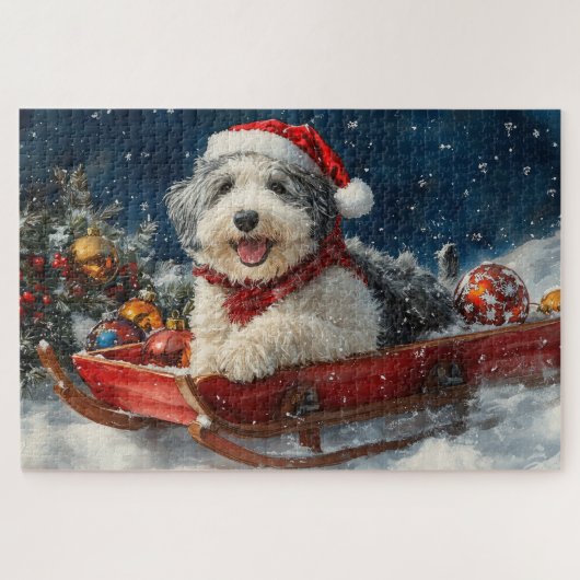 English Sheepdog in Sledge Let it Snow Christmas Puzzle (Horizontal)