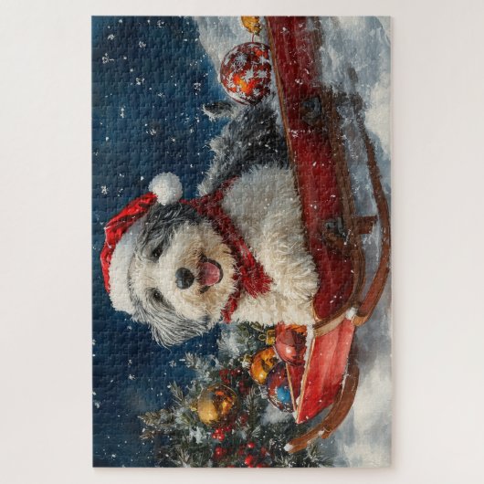 English Sheepdog in Sledge Let it Snow Christmas Puzzle (Vertikal)