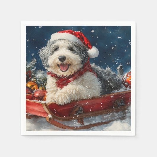 English Sheepdog in Sledge Let it Snow Christmas Serviette (Vorderseite)