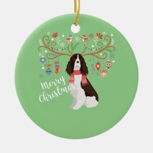 English Springer Spaniel Christmas Reindeer Dog Keramik Ornament (Vorne)