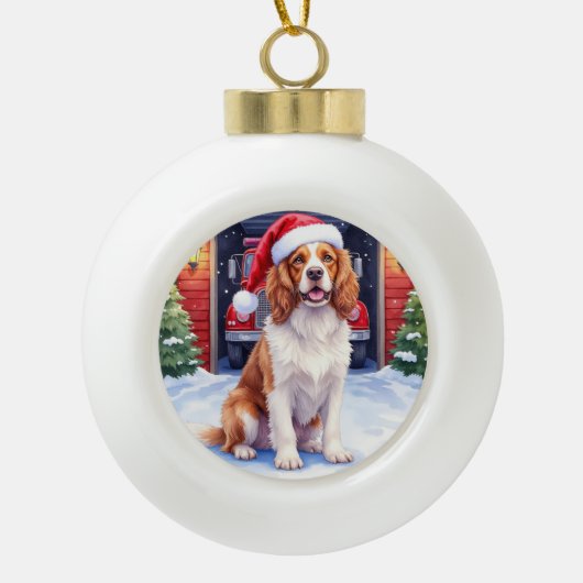 English Springer Spaniel Fire Station Santa Keramik Kugel-Ornament (Vorderseite)