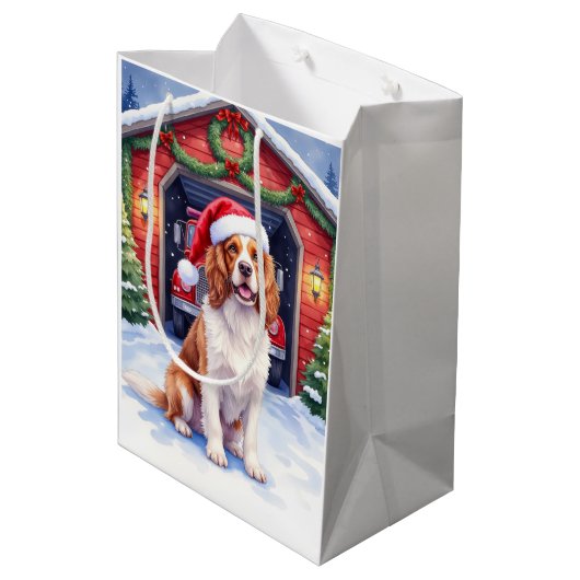 English Springer Spaniel Fire Station Santa Mittlere Geschenktüte (Rückseite Schrägansicht)