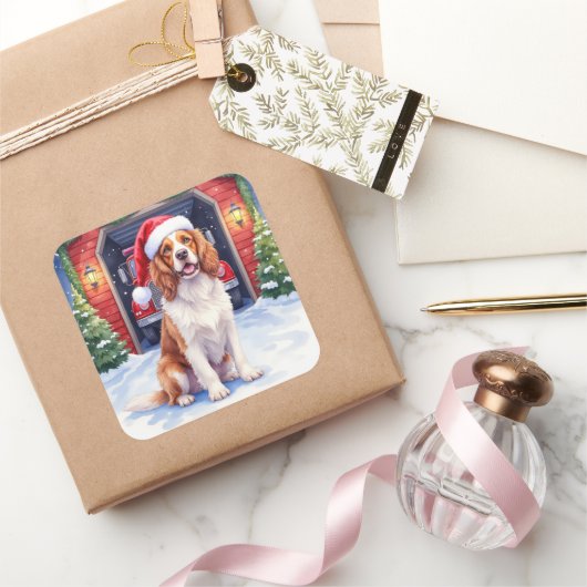 English Springer Spaniel Fire Station Santa Quadratischer Aufkleber (Schenken)