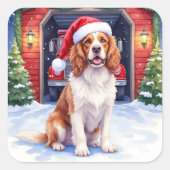 English Springer Spaniel Fire Station Santa Quadratischer Aufkleber (Vorderseite)