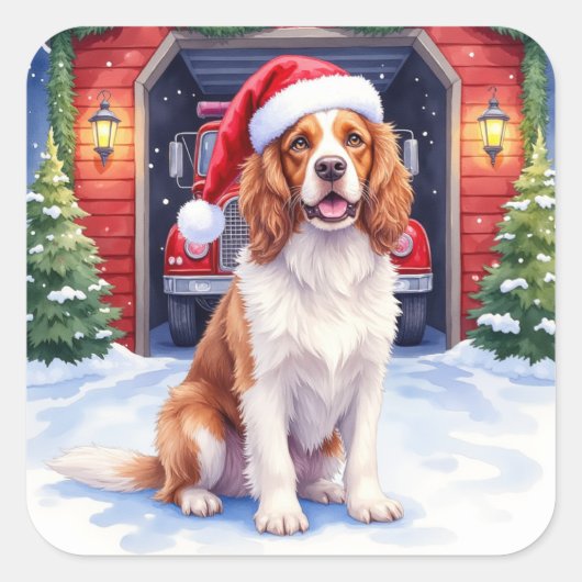 English Springer Spaniel Fire Station Santa Quadratischer Aufkleber (Vorderseite)