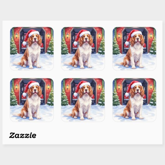 English Springer Spaniel Fire Station Santa Quadratischer Aufkleber (Blatt)