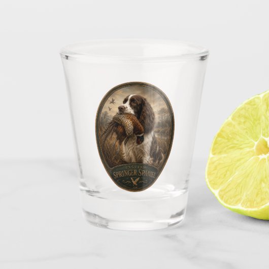 English Springer Spaniel mit Fasan Schnapsglas (Vorderseite)