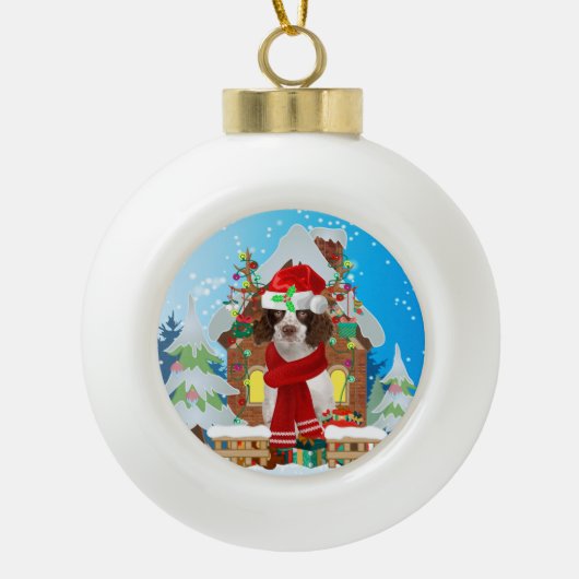 English Springer Spanischer Hund mit Weihnachtsges Keramik Kugel-Ornament (Vorderseite)