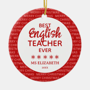 English Teacher Typografy Christmas Red Keramik Ornament