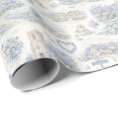 English Village Wedding Watercolor Pattern Blue Geschenkpapier (Rolleneckpunkt)