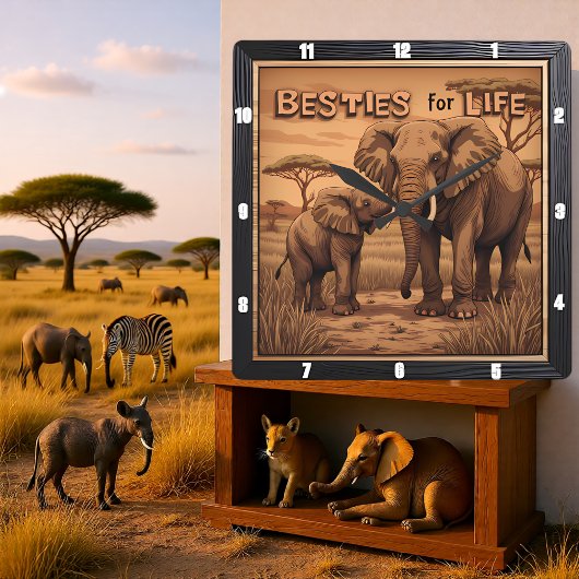 Engraved Besties Elephant Mother Calf Quadratische Wanduhr