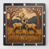 Engraved Deer Pair Sunset Forest Quadratische Wanduhr (Vorderseite)
