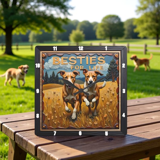 Engraved Dog Pair Blue Sky Field Quadratische Wanduhr