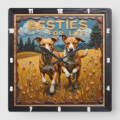 Engraved Dog Pair Blue Sky Field Quadratische Wanduhr (Vorderseite)